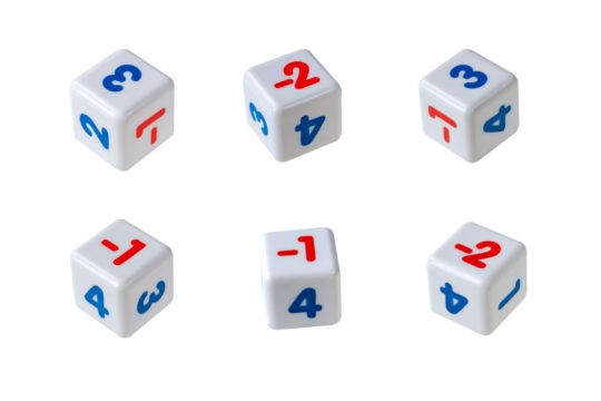 A group of dice showing positive and negative numbers