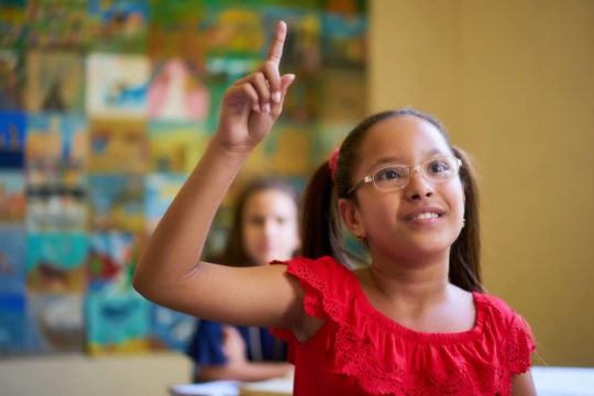 Young girl in pigtails raising her hand during class.