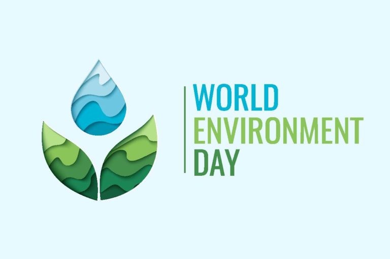 ‘World Environment Day’ on a blue background with icon on the left.