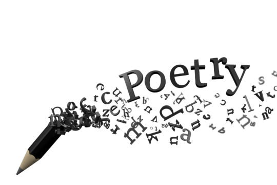 The word ‘Poetry’ and black pencil fading away into various letters